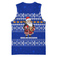 Bosnia and Herzegovina Christmas Basketball Jersey with Santa Playing Traditional Instrument and Blue Snowflake Pattern - Wonder Print Shop