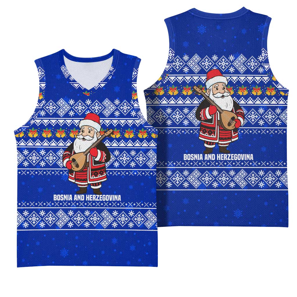 Bosnia and Herzegovina Christmas Basketball Jersey with Santa Playing Traditional Instrument and Blue Snowflake Pattern - Wonder Print Shop