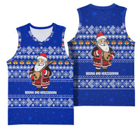 Bosnia and Herzegovina Christmas Basketball Jersey with Santa Playing Traditional Instrument and Blue Snowflake Pattern - Wonder Print Shop