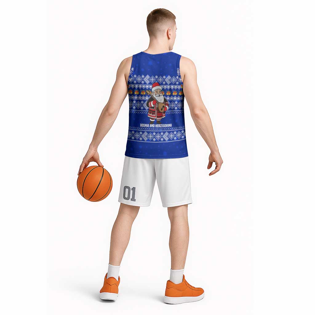 Bosnia and Herzegovina Christmas Basketball Jersey with Santa Playing Traditional Instrument and Blue Snowflake Pattern - Wonder Print Shop