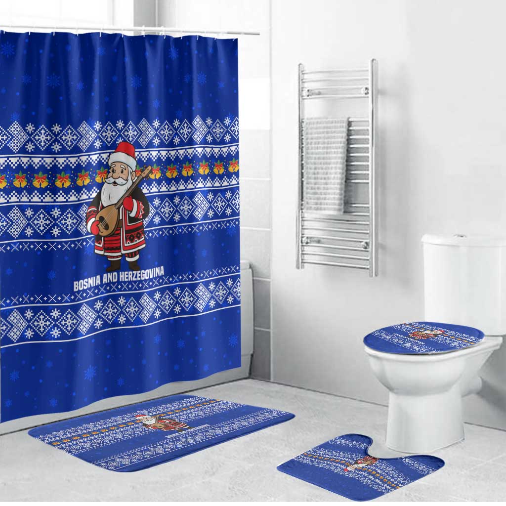 Bosnia and Herzegovina Christmas Bathroom Set with Santa Playing Traditional Instrument and Blue Snowflake Pattern - Wonder Print Shop