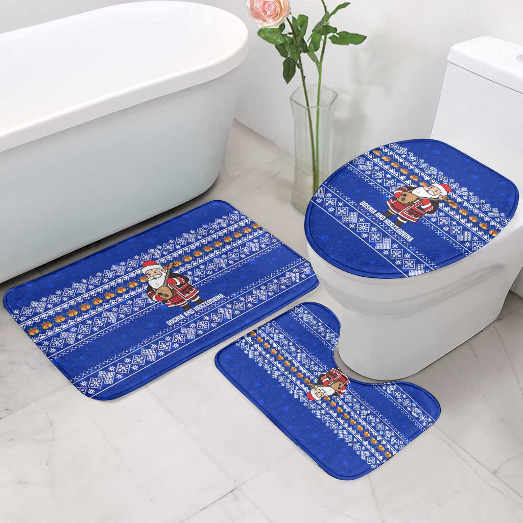 Bosnia and Herzegovina Christmas Bathroom Set with Santa Playing Traditional Instrument and Blue Snowflake Pattern - Wonder Print Shop