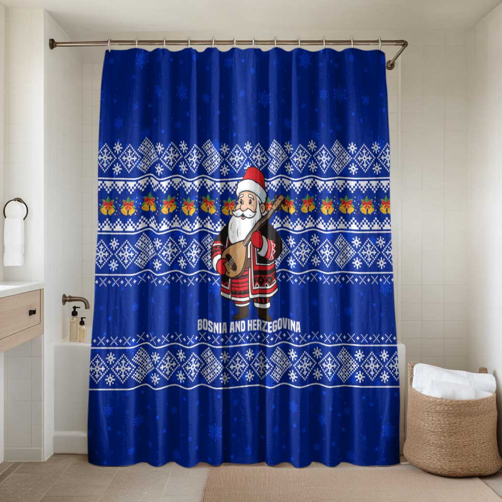 Bosnia and Herzegovina Christmas Bathroom Set with Santa Playing Traditional Instrument and Blue Snowflake Pattern - Wonder Print Shop