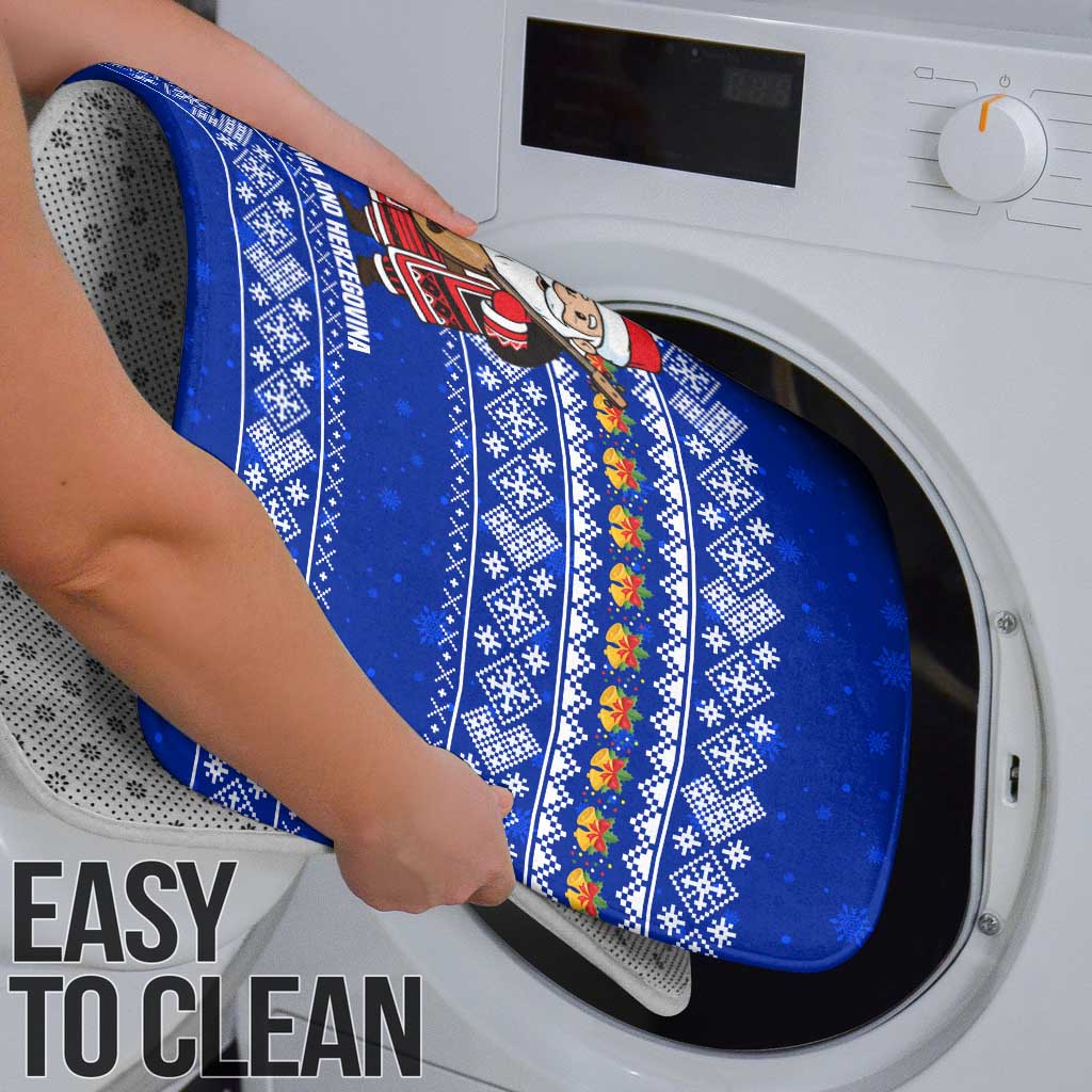 Bosnia and Herzegovina Christmas Bathroom Set with Santa Playing Traditional Instrument and Blue Snowflake Pattern - Wonder Print Shop