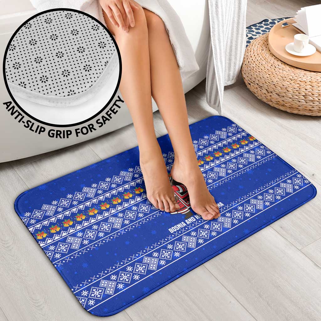 Bosnia and Herzegovina Christmas Bathroom Set with Santa Playing Traditional Instrument and Blue Snowflake Pattern - Wonder Print Shop