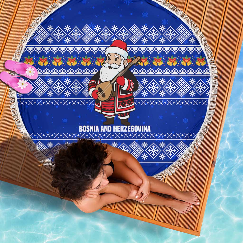 Bosnia and Herzegovina Christmas Beach Blanket with Santa Playing Traditional Instrument and Blue Snowflake Pattern - Wonder Print Shop