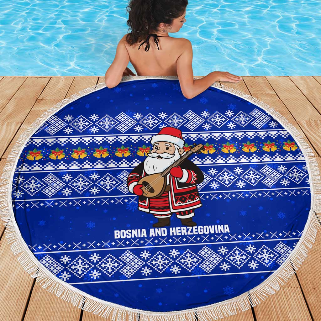 Bosnia and Herzegovina Christmas Beach Blanket with Santa Playing Traditional Instrument and Blue Snowflake Pattern - Wonder Print Shop