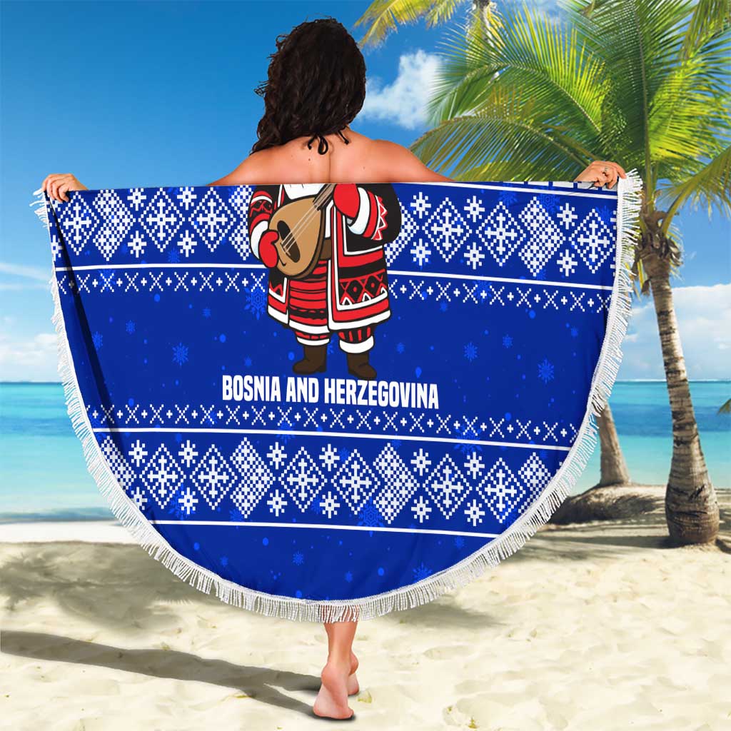 Bosnia and Herzegovina Christmas Beach Blanket with Santa Playing Traditional Instrument and Blue Snowflake Pattern - Wonder Print Shop