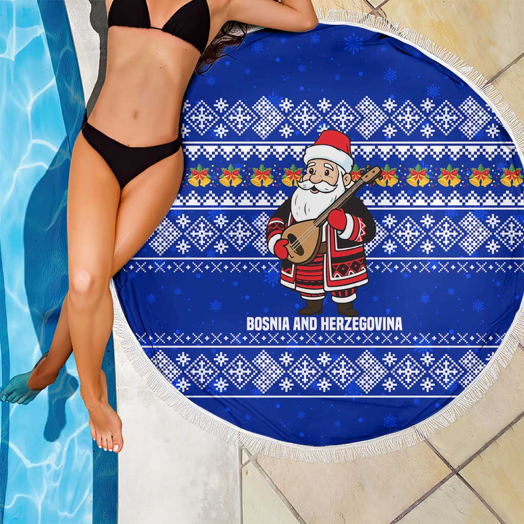 Bosnia and Herzegovina Christmas Beach Blanket with Santa Playing Traditional Instrument and Blue Snowflake Pattern - Wonder Print Shop