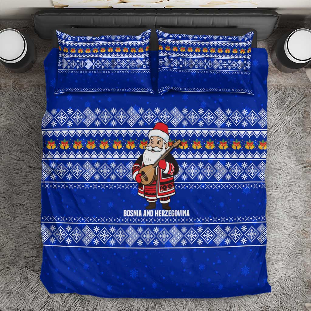 Bosnia and Herzegovina Christmas Bedding Set with Santa Playing Traditional Instrument and Blue Snowflake Pattern - Wonder Print Shop