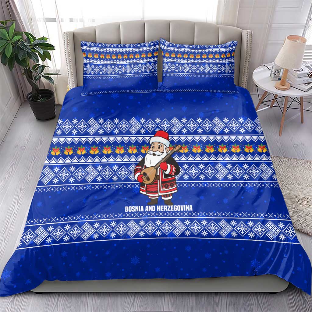 Bosnia and Herzegovina Christmas Bedding Set with Santa Playing Traditional Instrument and Blue Snowflake Pattern - Wonder Print Shop