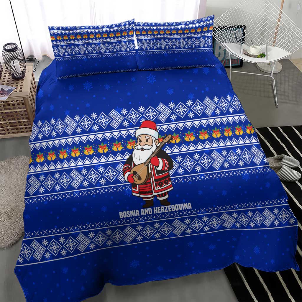 Bosnia and Herzegovina Christmas Bedding Set with Santa Playing Traditional Instrument and Blue Snowflake Pattern - Wonder Print Shop