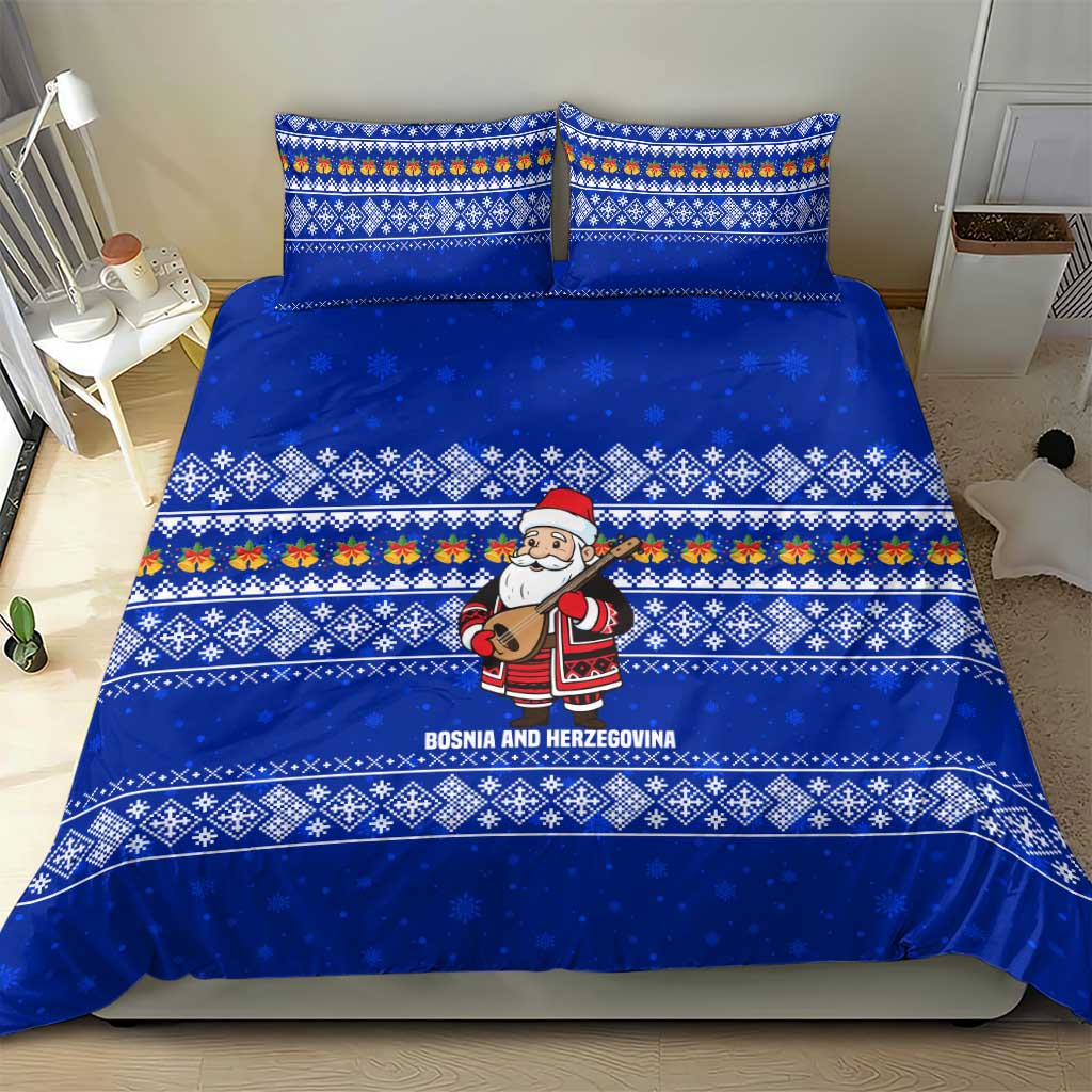 Bosnia and Herzegovina Christmas Bedding Set with Santa Playing Traditional Instrument and Blue Snowflake Pattern - Wonder Print Shop
