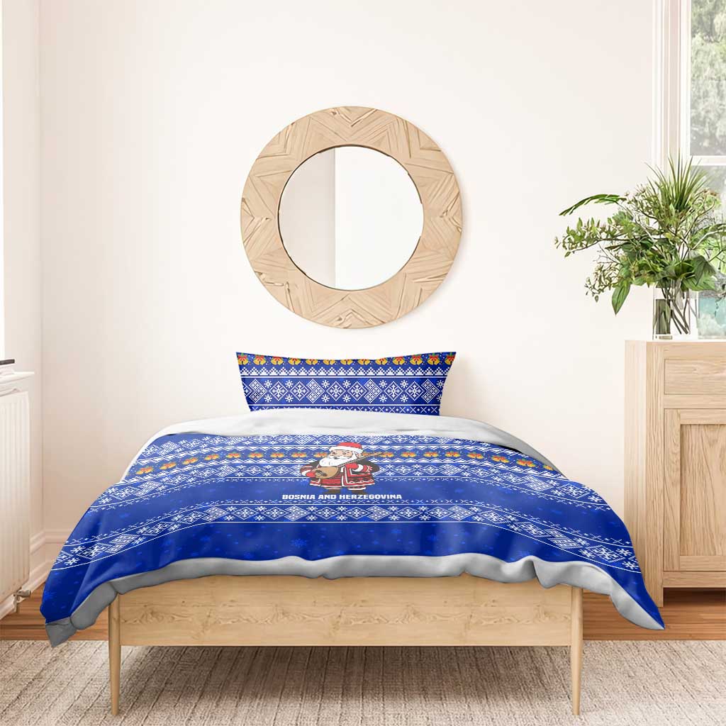 Bosnia and Herzegovina Christmas Bedding Set with Santa Playing Traditional Instrument and Blue Snowflake Pattern - Wonder Print Shop