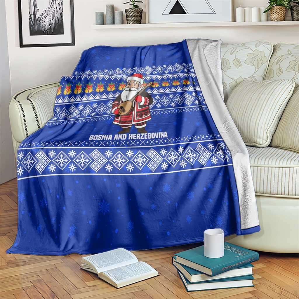 Bosnia and Herzegovina Christmas Blanket with Santa Playing Traditional Instrument and Blue Snowflake Pattern - Wonder Print Shop