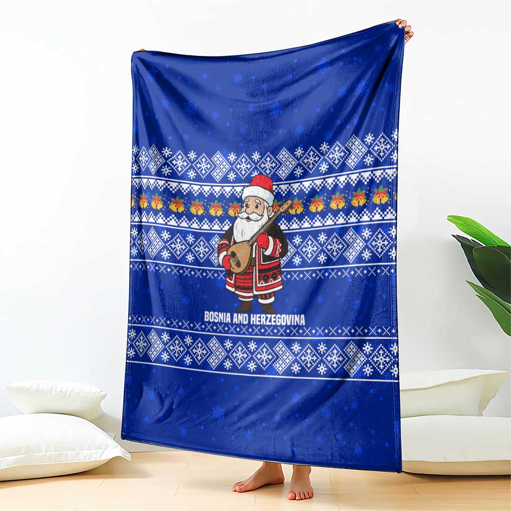 Bosnia and Herzegovina Christmas Blanket with Santa Playing Traditional Instrument and Blue Snowflake Pattern - Wonder Print Shop