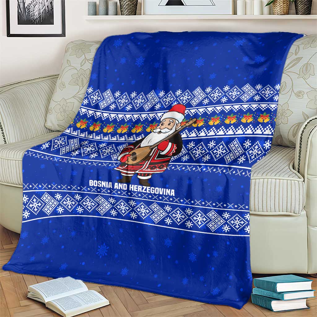 Bosnia and Herzegovina Christmas Blanket with Santa Playing Traditional Instrument and Blue Snowflake Pattern - Wonder Print Shop