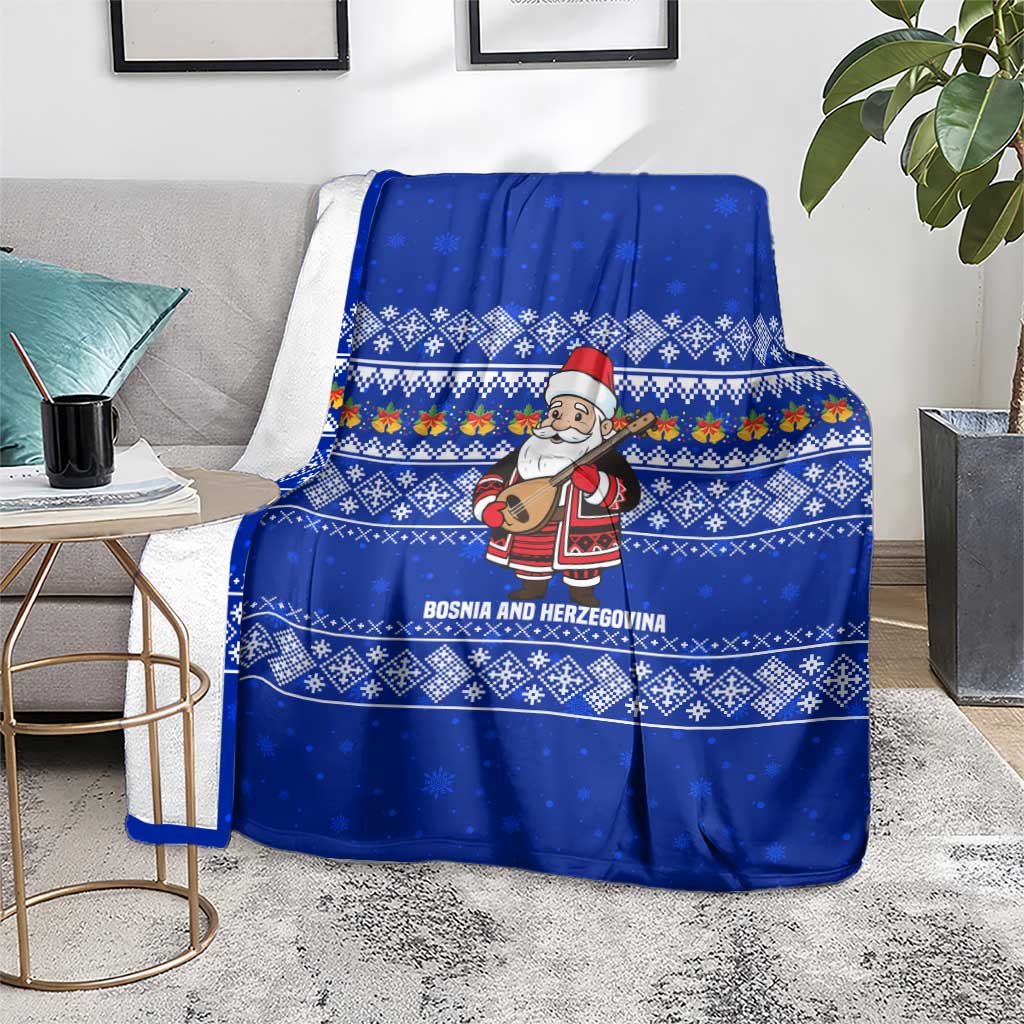 Bosnia and Herzegovina Christmas Blanket with Santa Playing Traditional Instrument and Blue Snowflake Pattern - Wonder Print Shop
