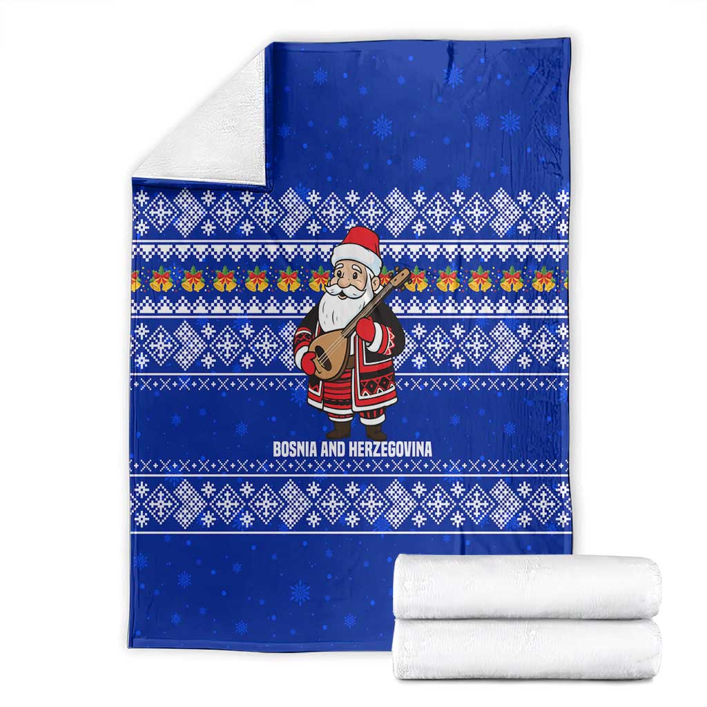 Bosnia and Herzegovina Christmas Blanket with Santa Playing Traditional Instrument and Blue Snowflake Pattern - Wonder Print Shop