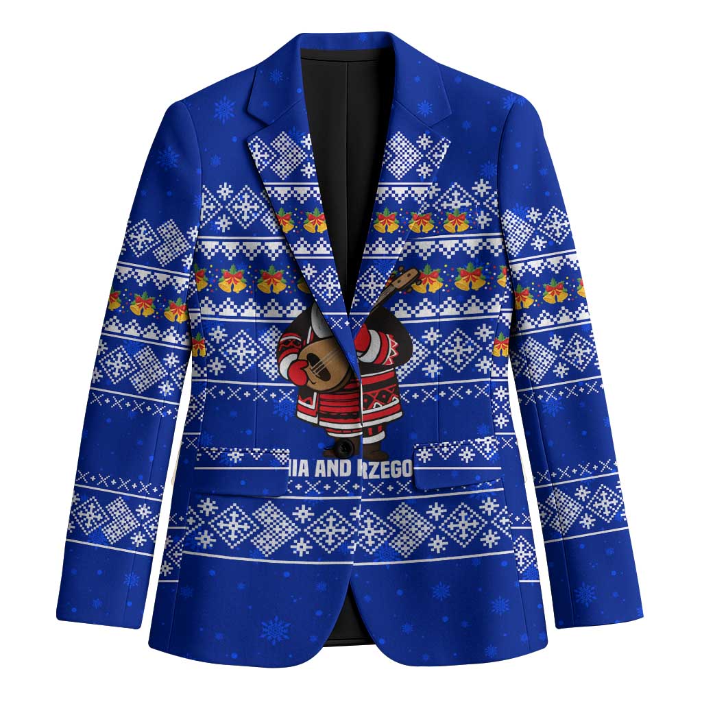 Bosnia and Herzegovina Christmas Blazer with Santa Playing Traditional Instrument and Blue Snowflake Pattern - Wonder Print Shop