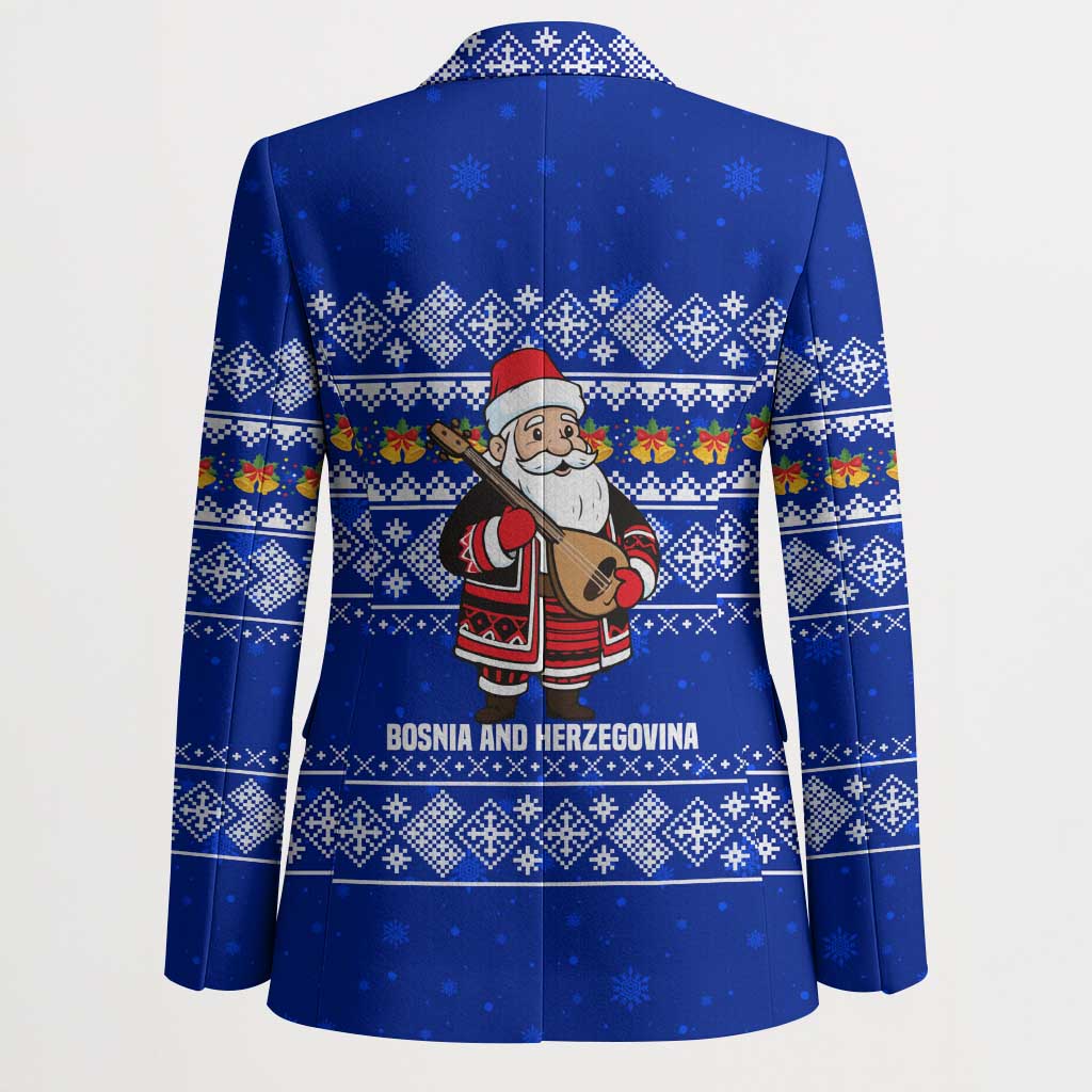 Bosnia and Herzegovina Christmas Blazer with Santa Playing Traditional Instrument and Blue Snowflake Pattern - Wonder Print Shop