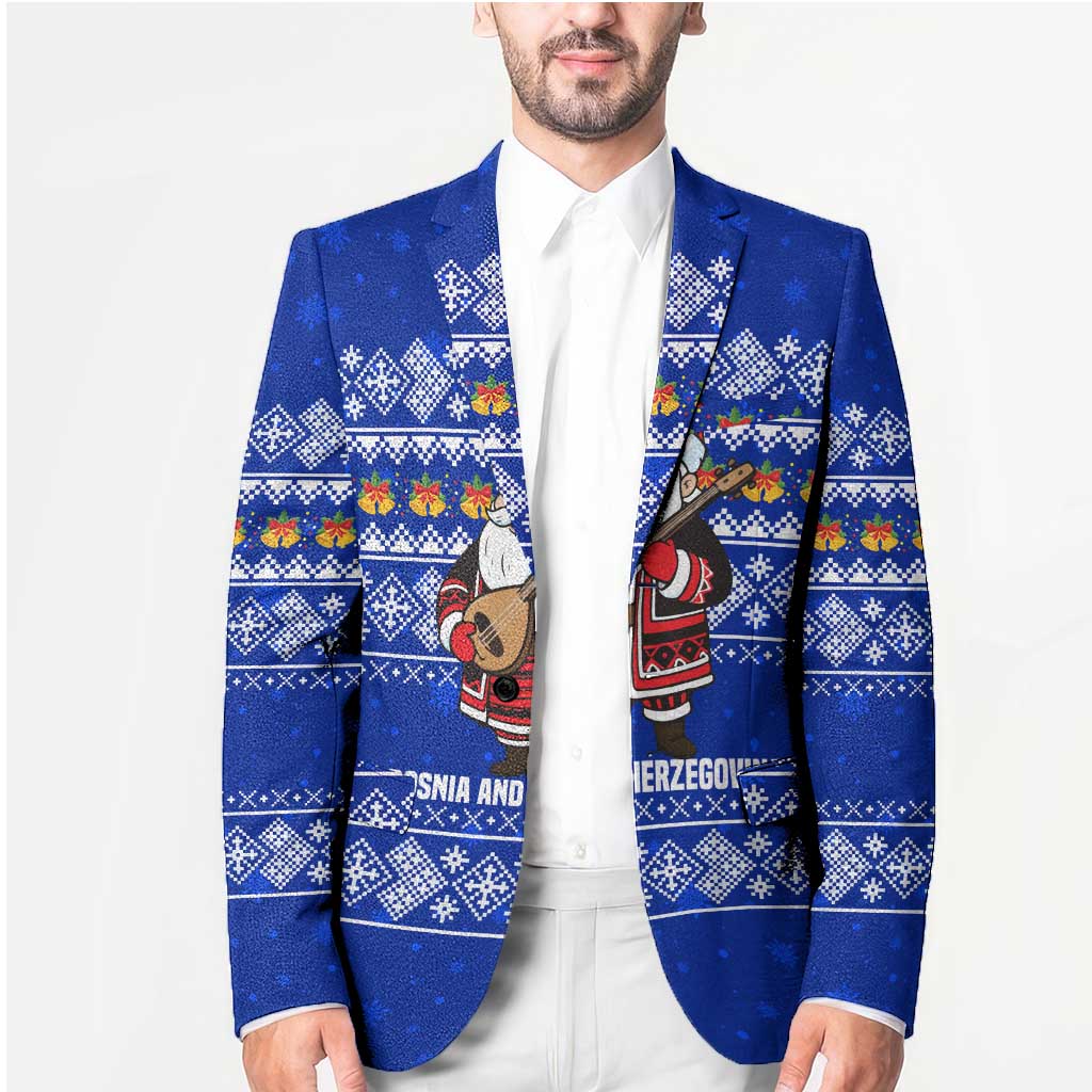 Bosnia and Herzegovina Christmas Blazer with Santa Playing Traditional Instrument and Blue Snowflake Pattern - Wonder Print Shop