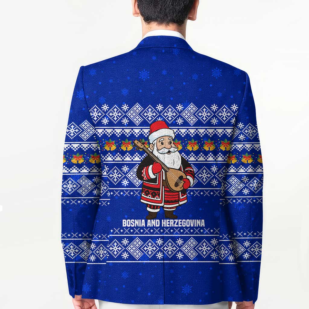 Bosnia and Herzegovina Christmas Blazer with Santa Playing Traditional Instrument and Blue Snowflake Pattern - Wonder Print Shop