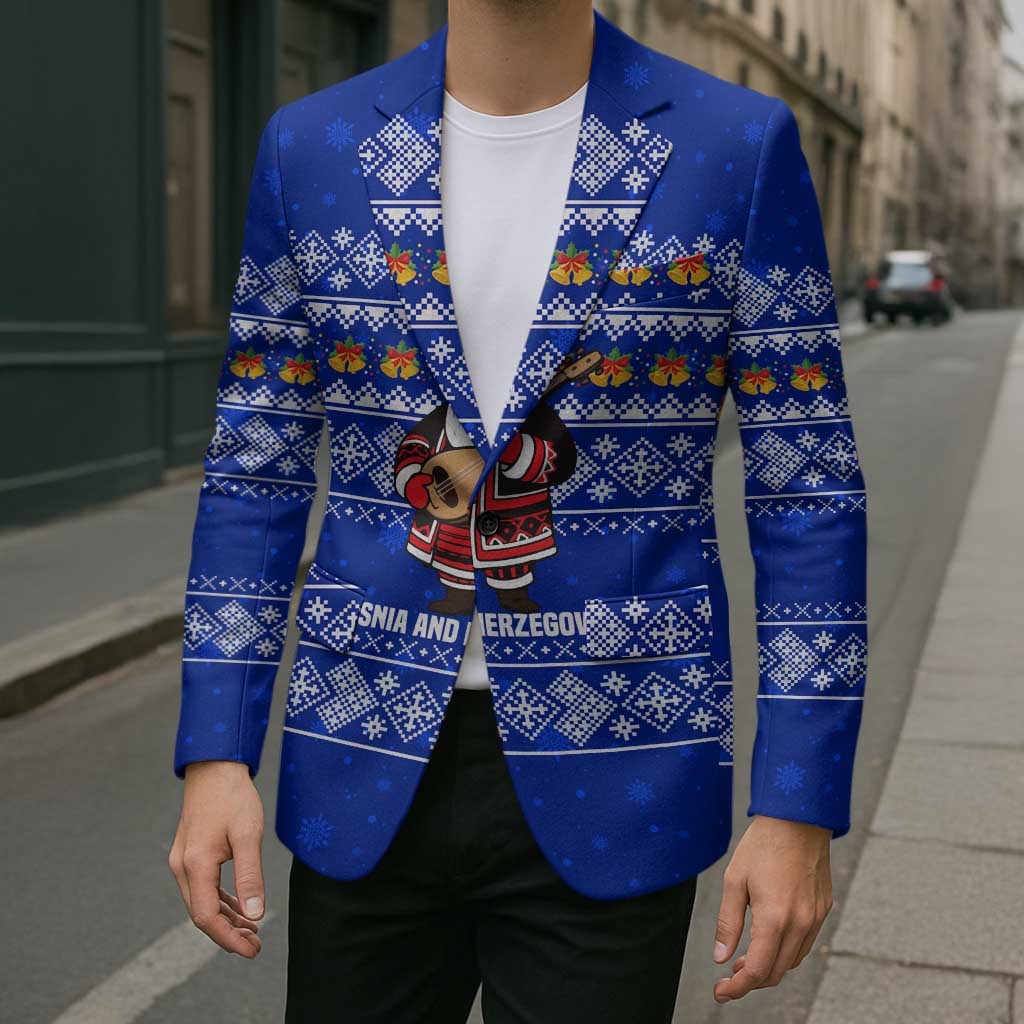 Bosnia and Herzegovina Christmas Blazer with Santa Playing Traditional Instrument and Blue Snowflake Pattern - Wonder Print Shop