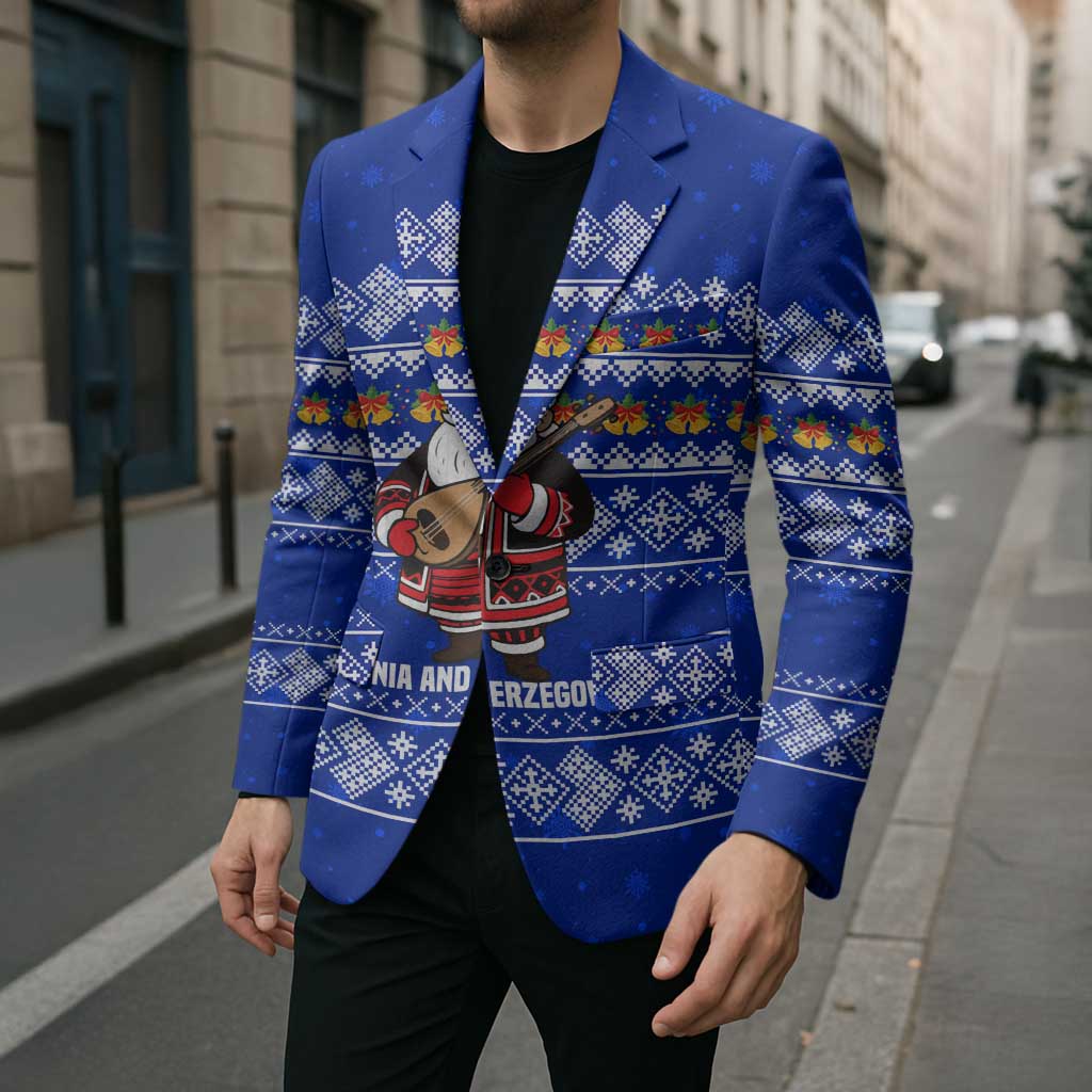 Bosnia and Herzegovina Christmas Blazer with Santa Playing Traditional Instrument and Blue Snowflake Pattern - Wonder Print Shop