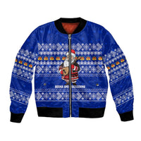 Bosnia and Herzegovina Christmas Bomber Jacket with Santa Playing Traditional Instrument and Blue Snowflake Pattern - Wonder Print Shop
