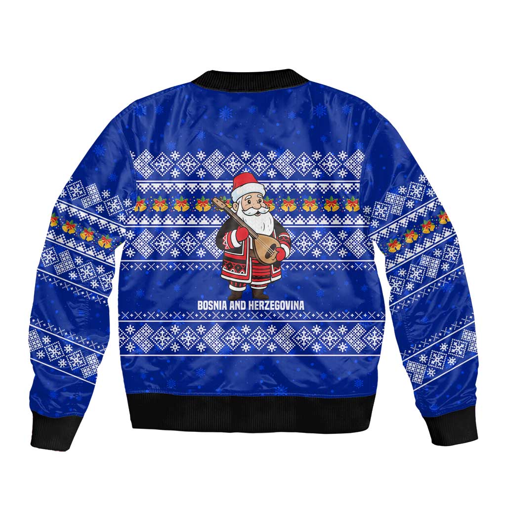 Bosnia and Herzegovina Christmas Bomber Jacket with Santa Playing Traditional Instrument and Blue Snowflake Pattern - Wonder Print Shop