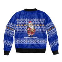 Bosnia and Herzegovina Christmas Bomber Jacket with Santa Playing Traditional Instrument and Blue Snowflake Pattern - Wonder Print Shop