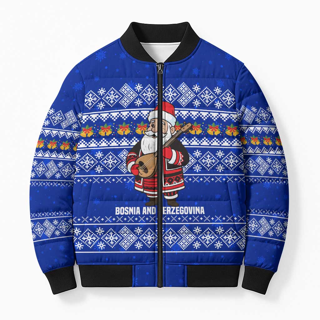 Bosnia and Herzegovina Christmas Bomber Puffer Jacket with Santa Playing Traditional Instrument and Blue Snowflake Pattern - Wonder Print Shop