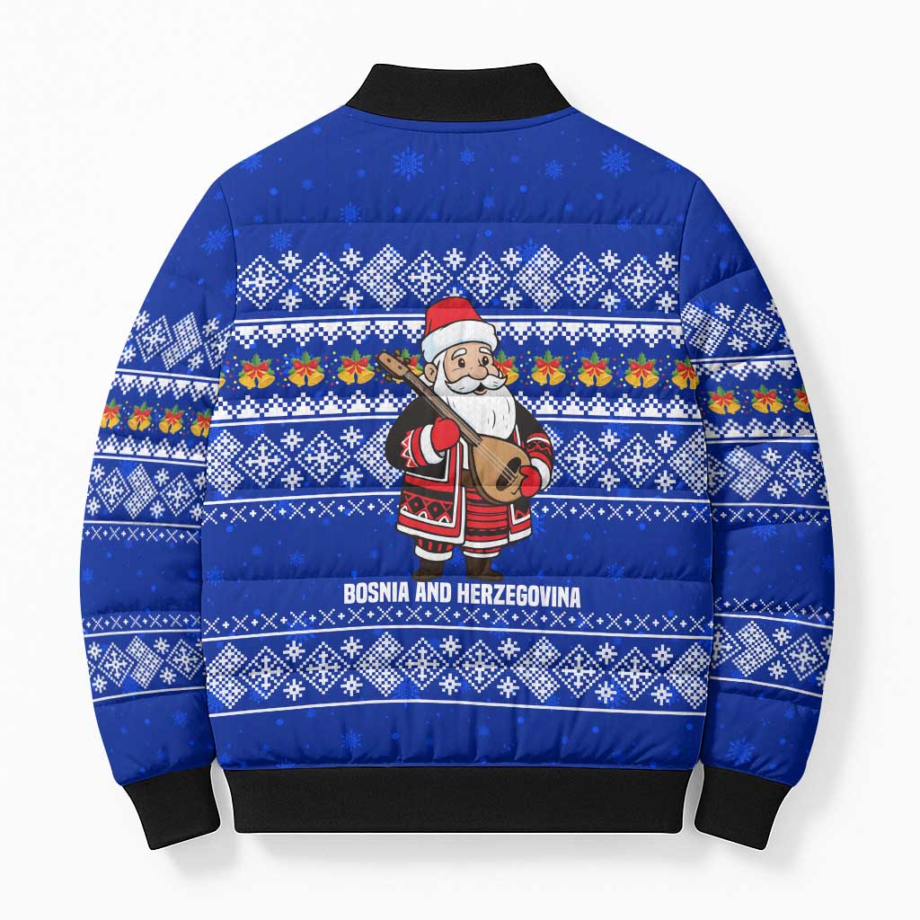 Bosnia and Herzegovina Christmas Bomber Puffer Jacket with Santa Playing Traditional Instrument and Blue Snowflake Pattern - Wonder Print Shop