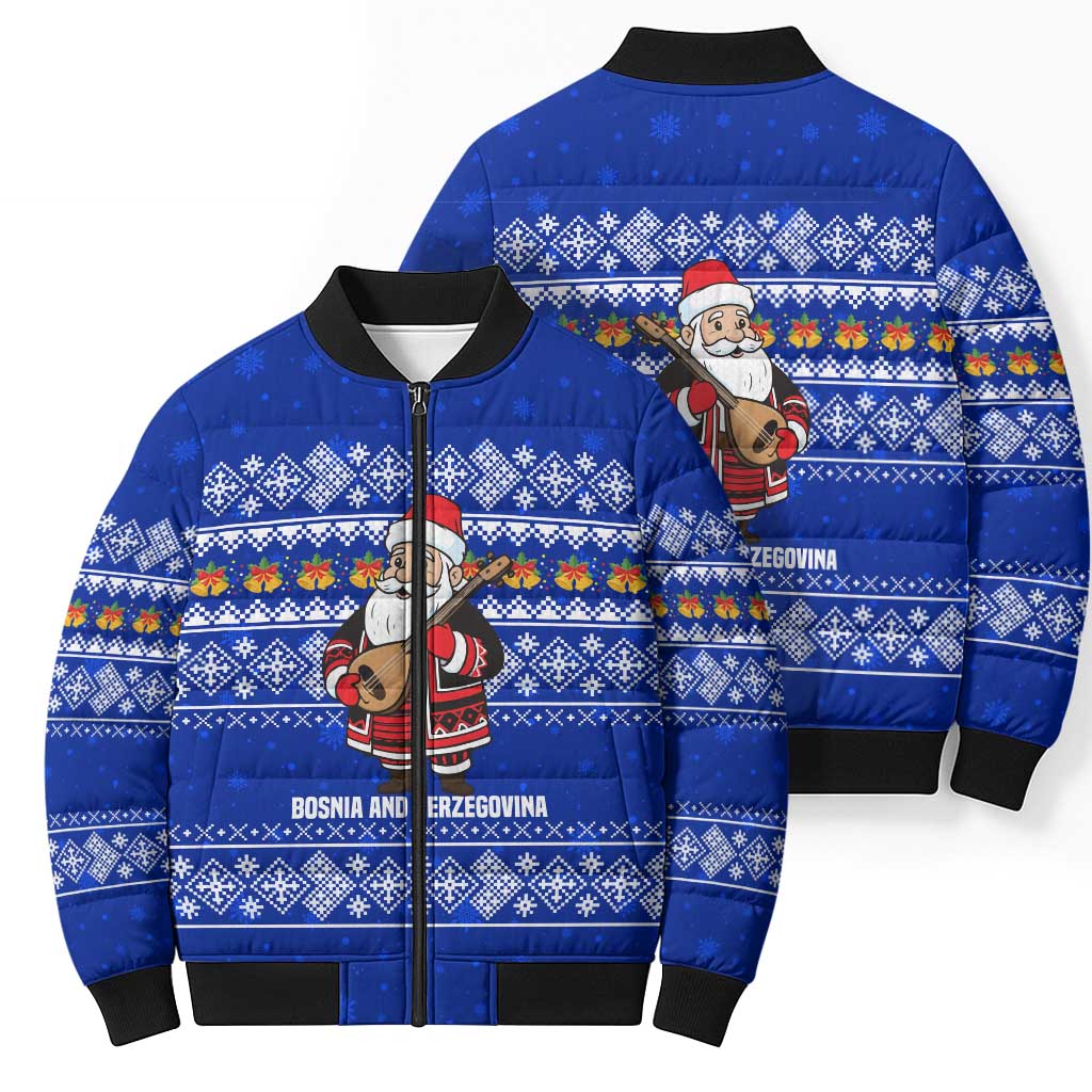 Bosnia and Herzegovina Christmas Bomber Puffer Jacket with Santa Playing Traditional Instrument and Blue Snowflake Pattern - Wonder Print Shop