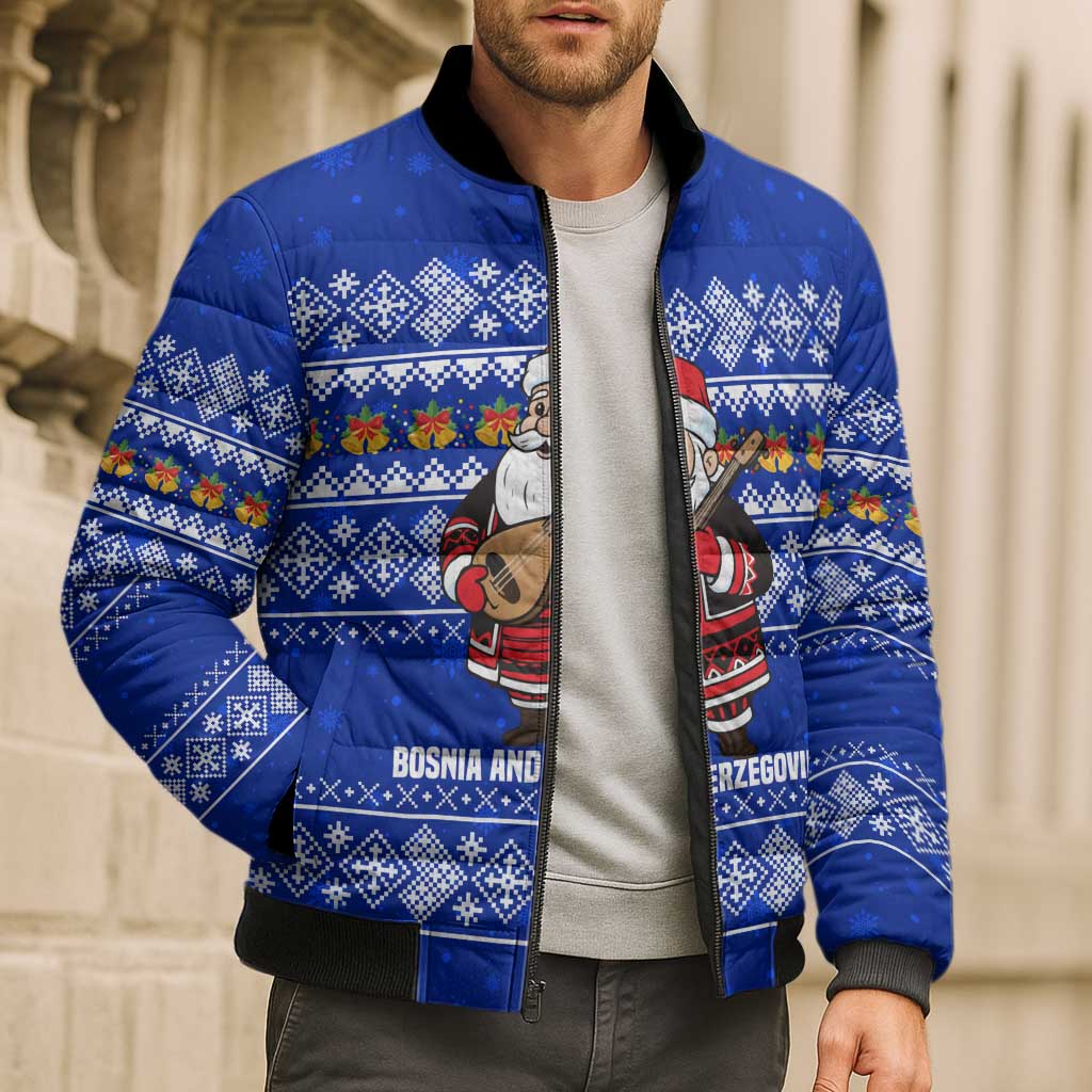 Bosnia and Herzegovina Christmas Bomber Puffer Jacket with Santa Playing Traditional Instrument and Blue Snowflake Pattern - Wonder Print Shop