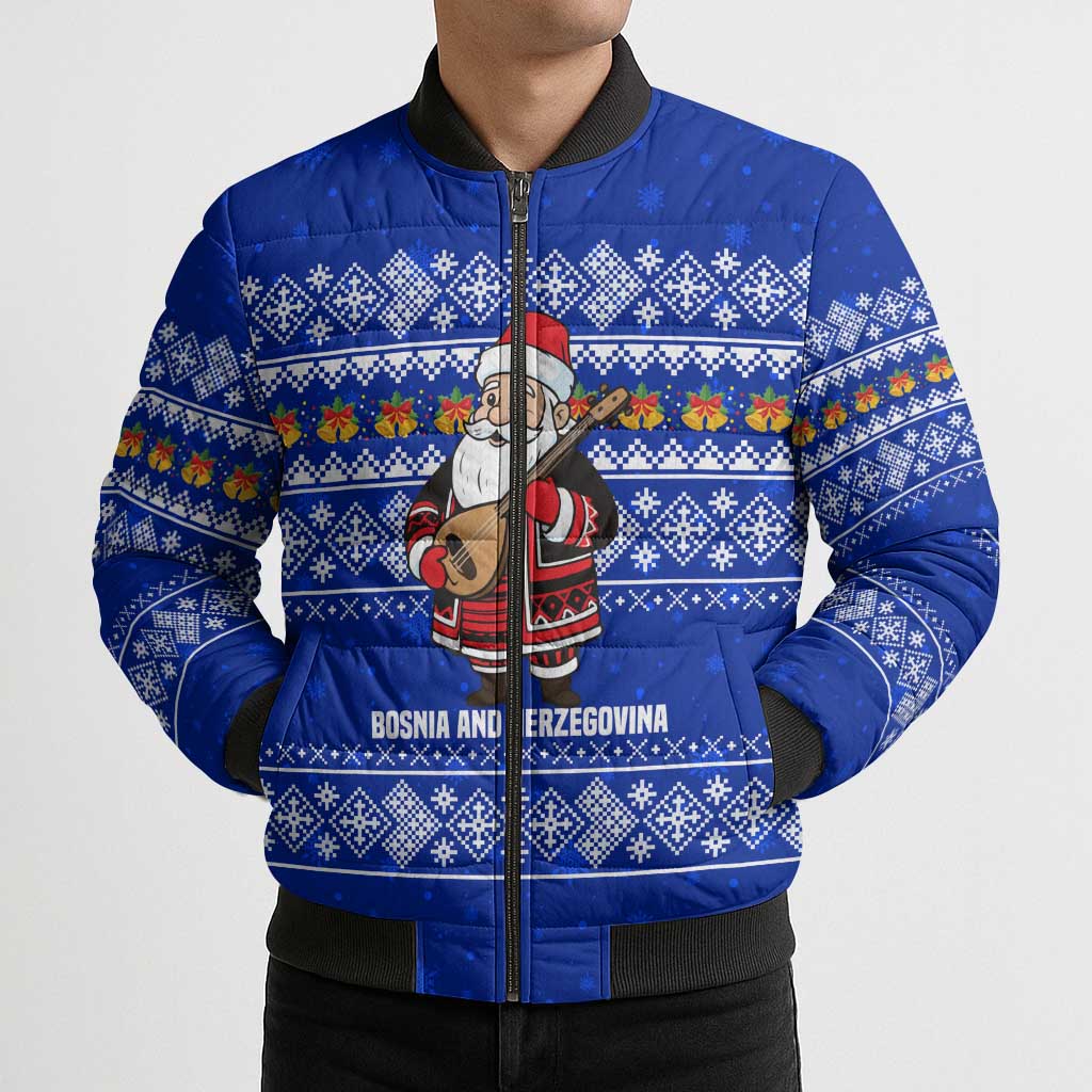 Bosnia and Herzegovina Christmas Bomber Puffer Jacket with Santa Playing Traditional Instrument and Blue Snowflake Pattern - Wonder Print Shop