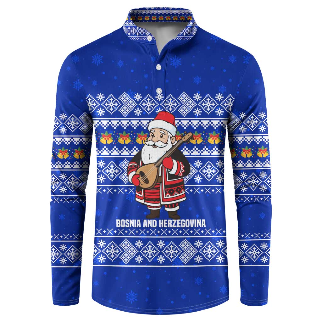 Bosnia and Herzegovina Christmas Button Sweatshirt with Santa Playing Traditional Instrument and Blue Snowflake Pattern - Wonder Print Shop