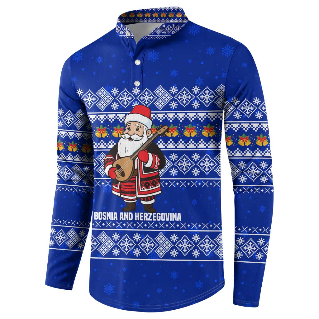 Bosnia and Herzegovina Christmas Button Sweatshirt with Santa Playing Traditional Instrument and Blue Snowflake Pattern - Wonder Print Shop