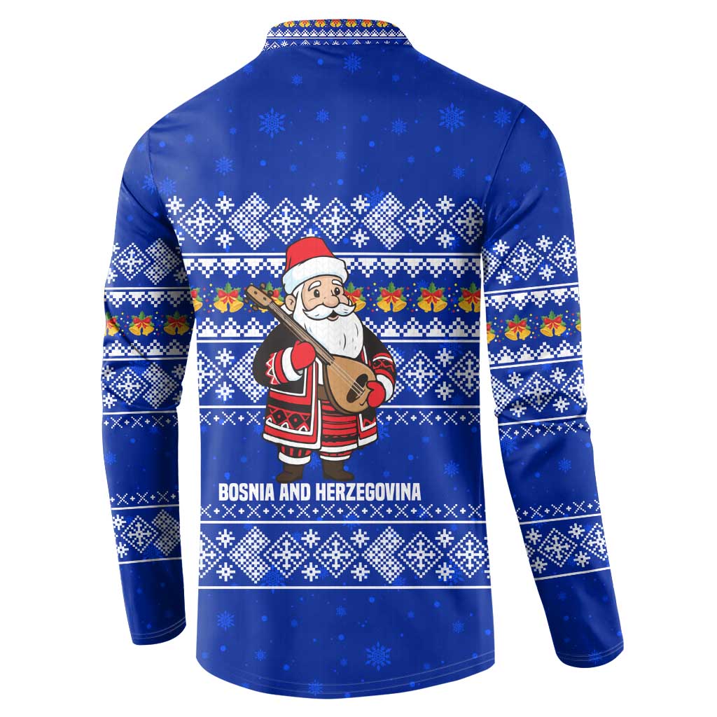 Bosnia and Herzegovina Christmas Button Sweatshirt with Santa Playing Traditional Instrument and Blue Snowflake Pattern - Wonder Print Shop