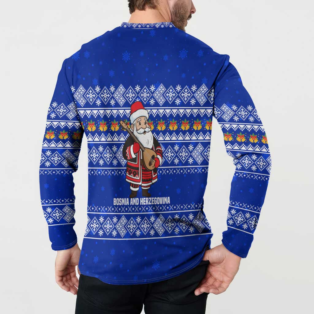 Bosnia and Herzegovina Christmas Button Sweatshirt with Santa Playing Traditional Instrument and Blue Snowflake Pattern - Wonder Print Shop