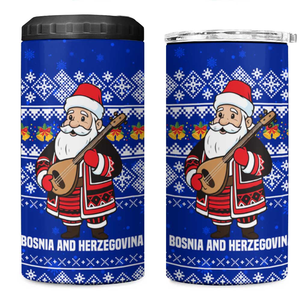 Bosnia and Herzegovina Christmas 4 in 1 Can Cooler Tumbler with Santa Playing Traditional Instrument and Blue Snowflake Pattern - Wonder Print Shop