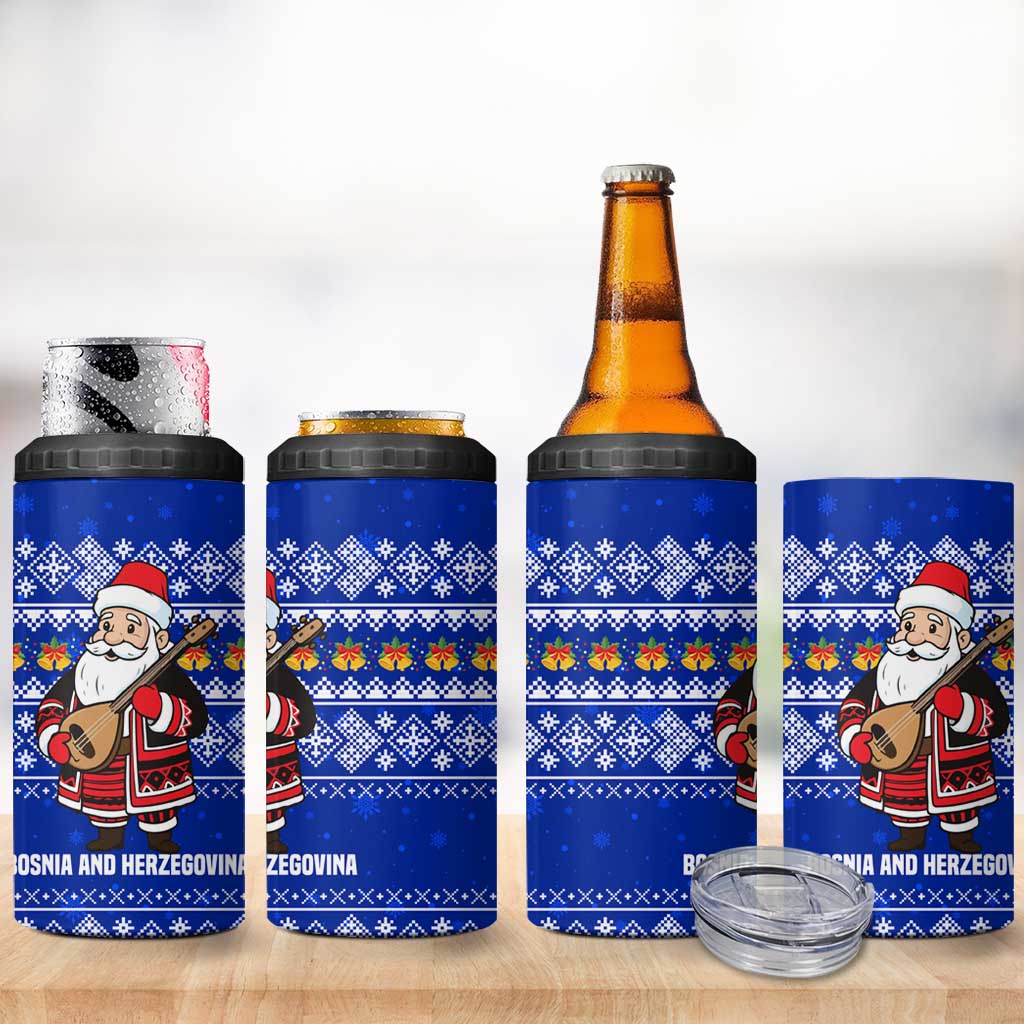 Bosnia and Herzegovina Christmas 4 in 1 Can Cooler Tumbler with Santa Playing Traditional Instrument and Blue Snowflake Pattern - Wonder Print Shop