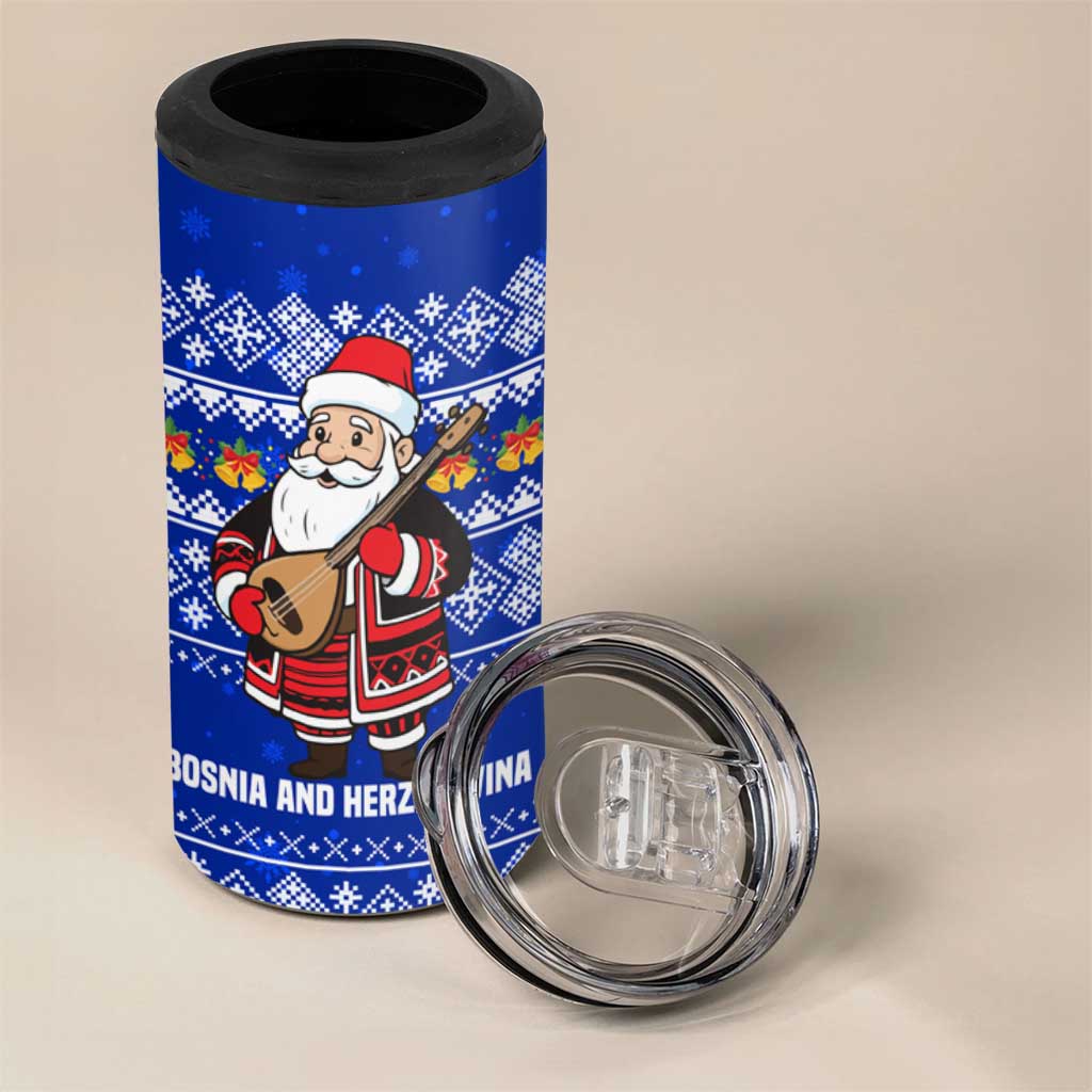 Bosnia and Herzegovina Christmas 4 in 1 Can Cooler Tumbler with Santa Playing Traditional Instrument and Blue Snowflake Pattern - Wonder Print Shop