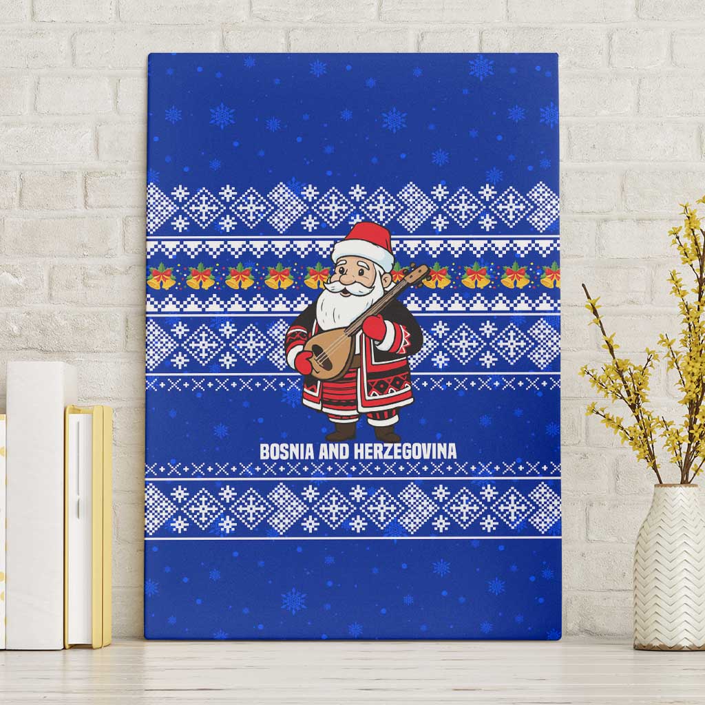 Bosnia and Herzegovina Christmas Canvas Wall Art with Santa Playing Traditional Instrument and Blue Snowflake Pattern - Wonder Print Shop