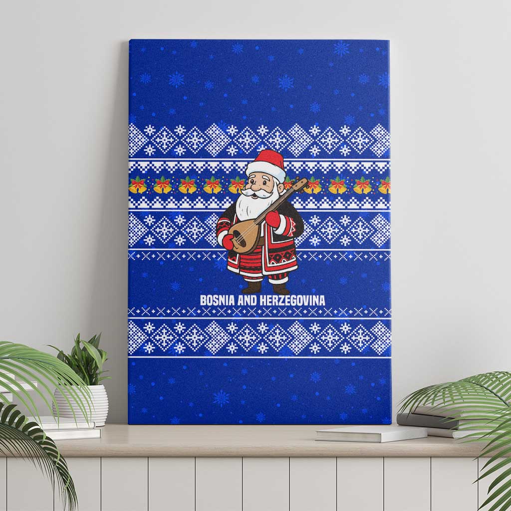 Bosnia and Herzegovina Christmas Canvas Wall Art with Santa Playing Traditional Instrument and Blue Snowflake Pattern - Wonder Print Shop