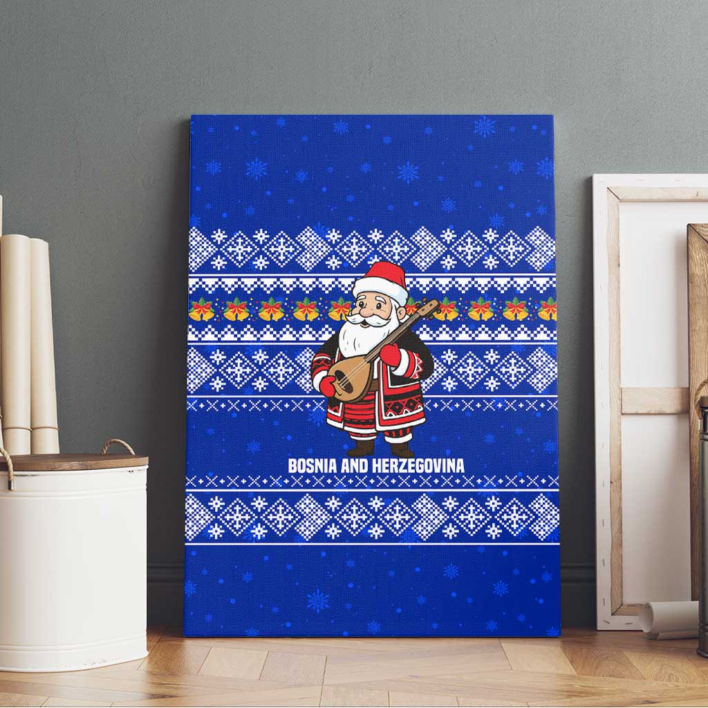 Bosnia and Herzegovina Christmas Canvas Wall Art with Santa Playing Traditional Instrument and Blue Snowflake Pattern - Wonder Print Shop