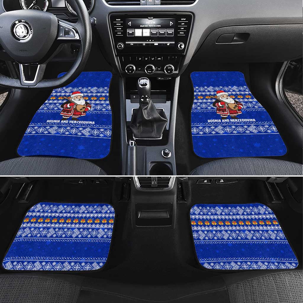 Bosnia and Herzegovina Christmas Car Mats with Santa Playing Traditional Instrument and Blue Snowflake Pattern - Wonder Print Shop