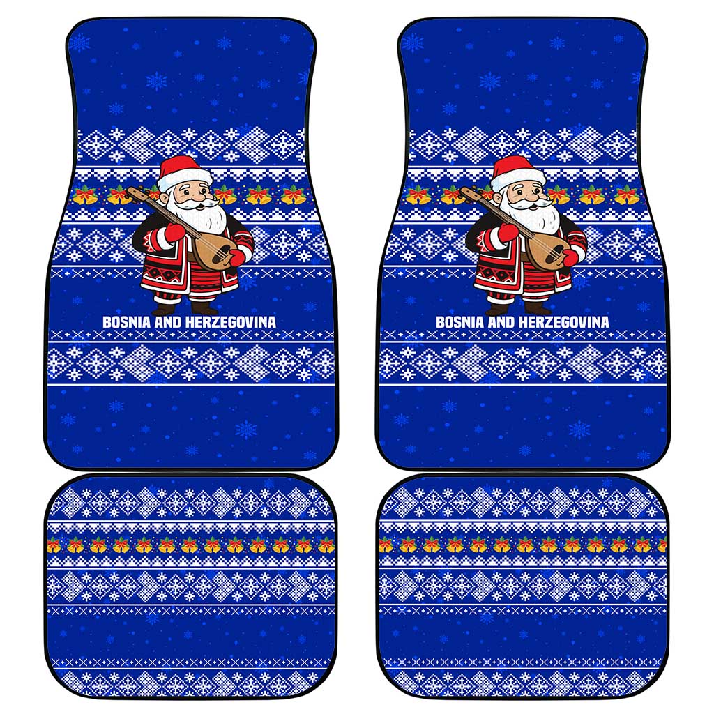 Bosnia and Herzegovina Christmas Car Mats with Santa Playing Traditional Instrument and Blue Snowflake Pattern - Wonder Print Shop