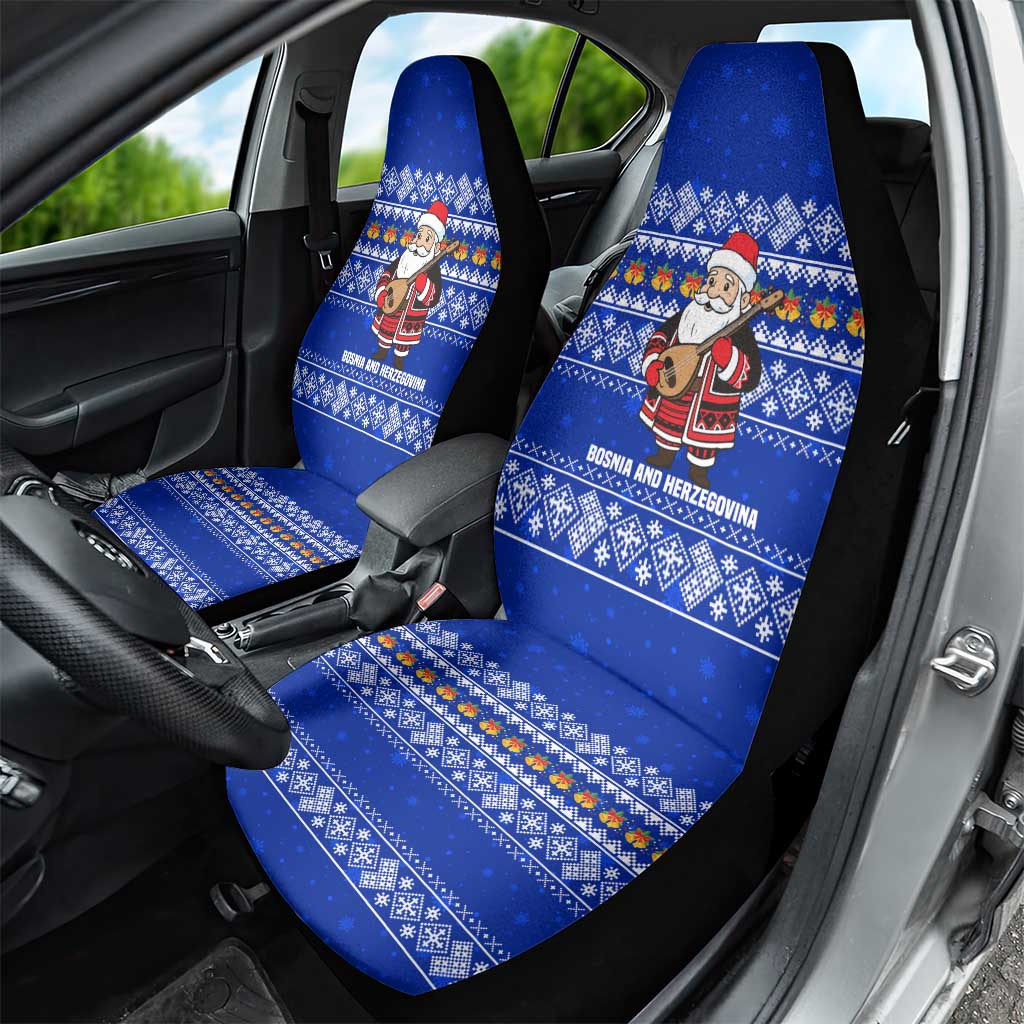 Bosnia and Herzegovina Christmas Car Seat Cover with Santa Playing Traditional Instrument and Blue Snowflake Pattern - Wonder Print Shop